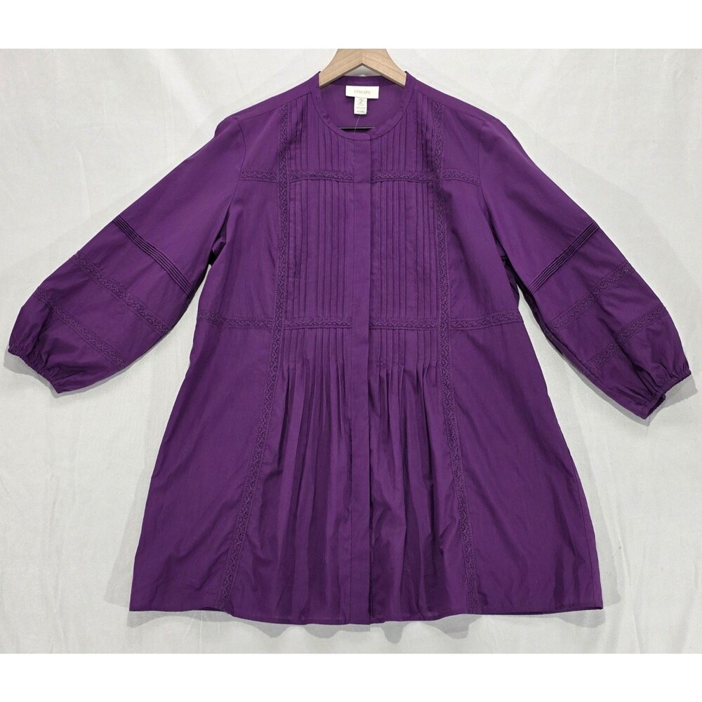 NWT Chicos Ladra Cotton Pleated Tunic Top Purple Balloon Sleeve Peasant Blouse 2
